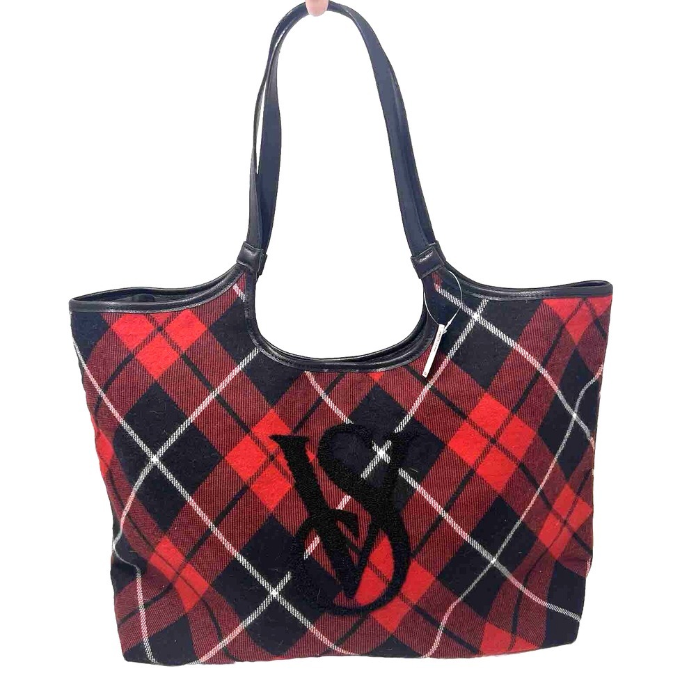 Victorias‎ Secret Sherpa Logo Plaid Tote Bag Weekender Travel Red Black Buffalo